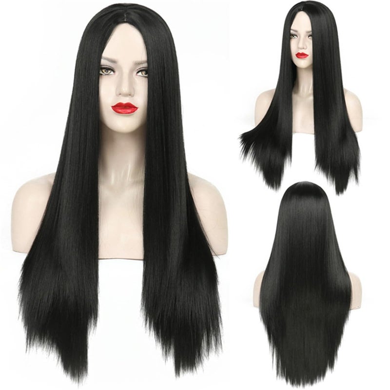 Flonding 75cm 29.5 inches Black Wig Women's Long Straight Middle Part Synthetic Hair Wigs No bangs Cosplay Anime Halloween Costume Party Hair Wig for Women with Wig Cap - Image 2